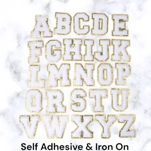 White Letter Patch - Self Adhesive - Chenille Alphabet Diy Gold Glitter Trim Varsity Letter Perfect for Nylon Pouch cosmetic DIY embroidery