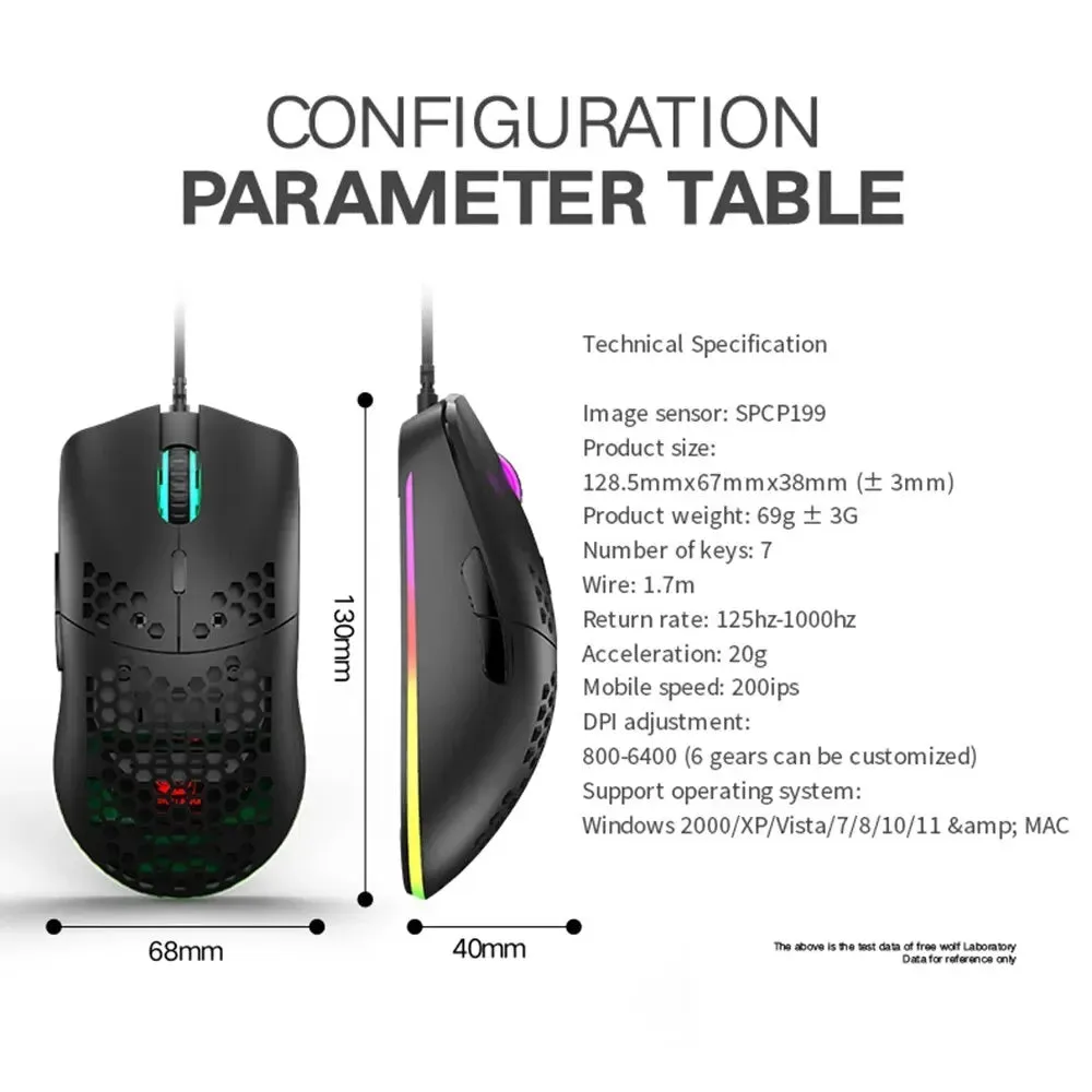 Wired Lightweight Gaming Mouse 69g Ultralight Honeycomb Shell RGB Chroma Backlit