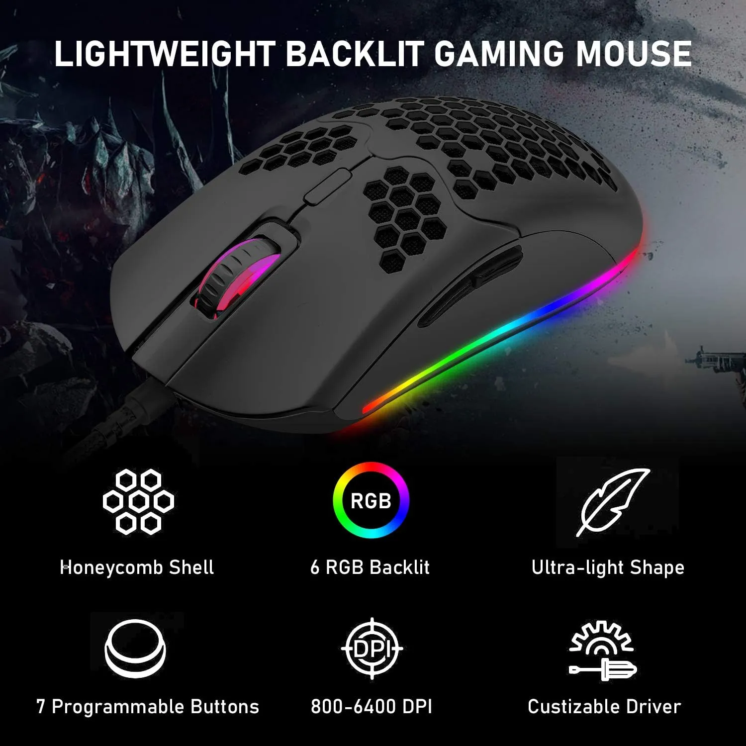 Wired Lightweight Gaming Mouse 69g Ultralight Honeycomb Shell RGB Chroma Backlit