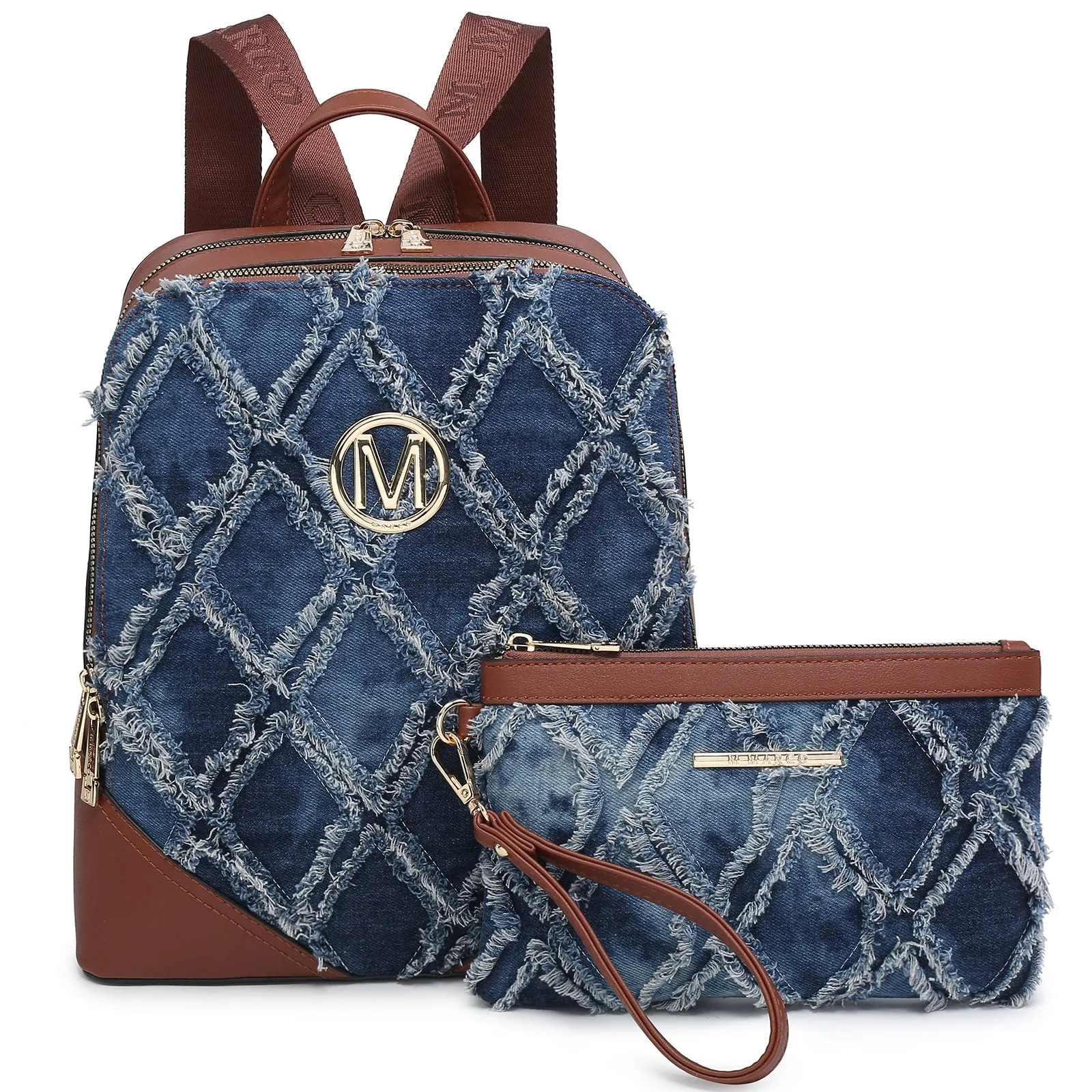 Women Fashion Double Zipper Medium Backpack Purse PU Leather 2Pcs
