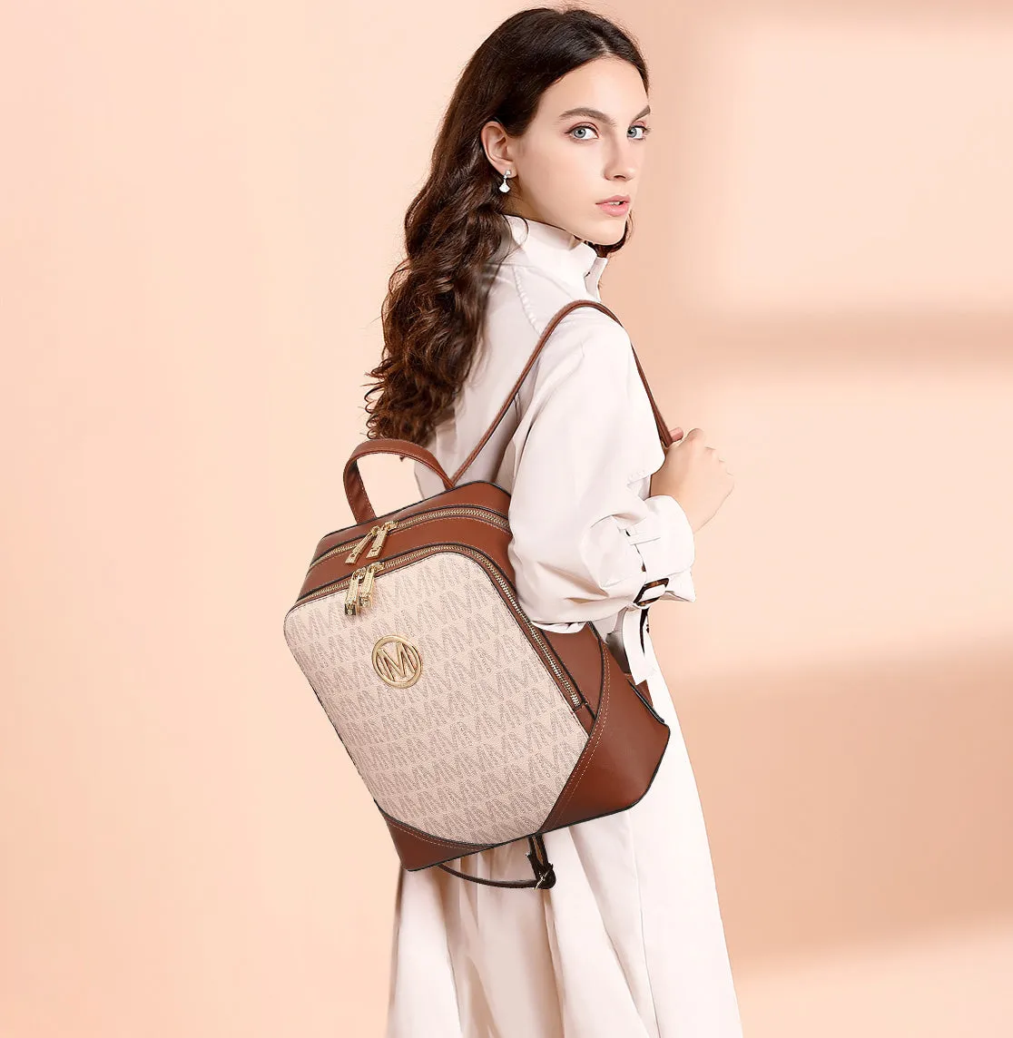 Women Fashion Double Zipper Medium Backpack Purse PU Leather 2Pcs