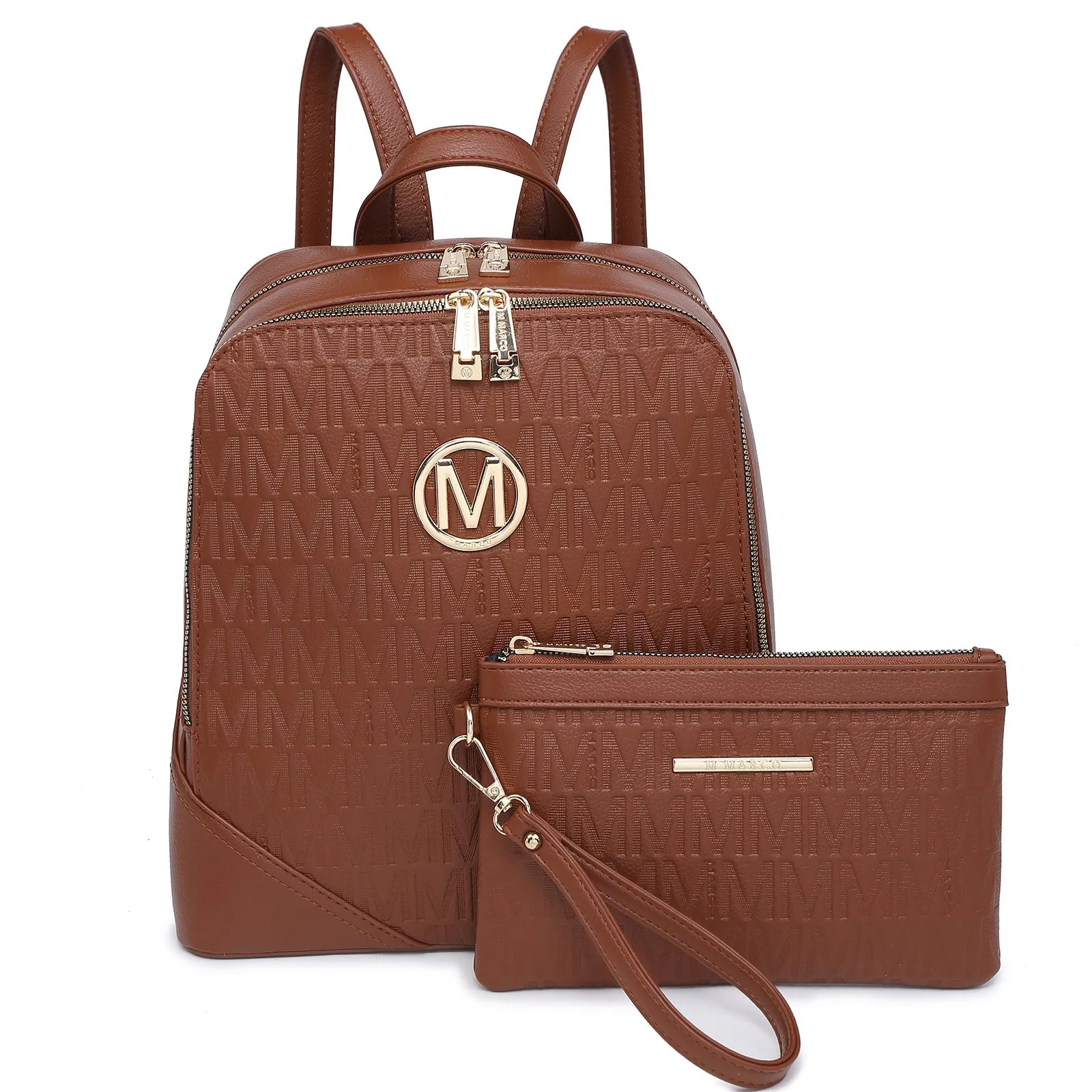 Women Fashion Double Zipper Medium Backpack Purse PU Leather 2Pcs
