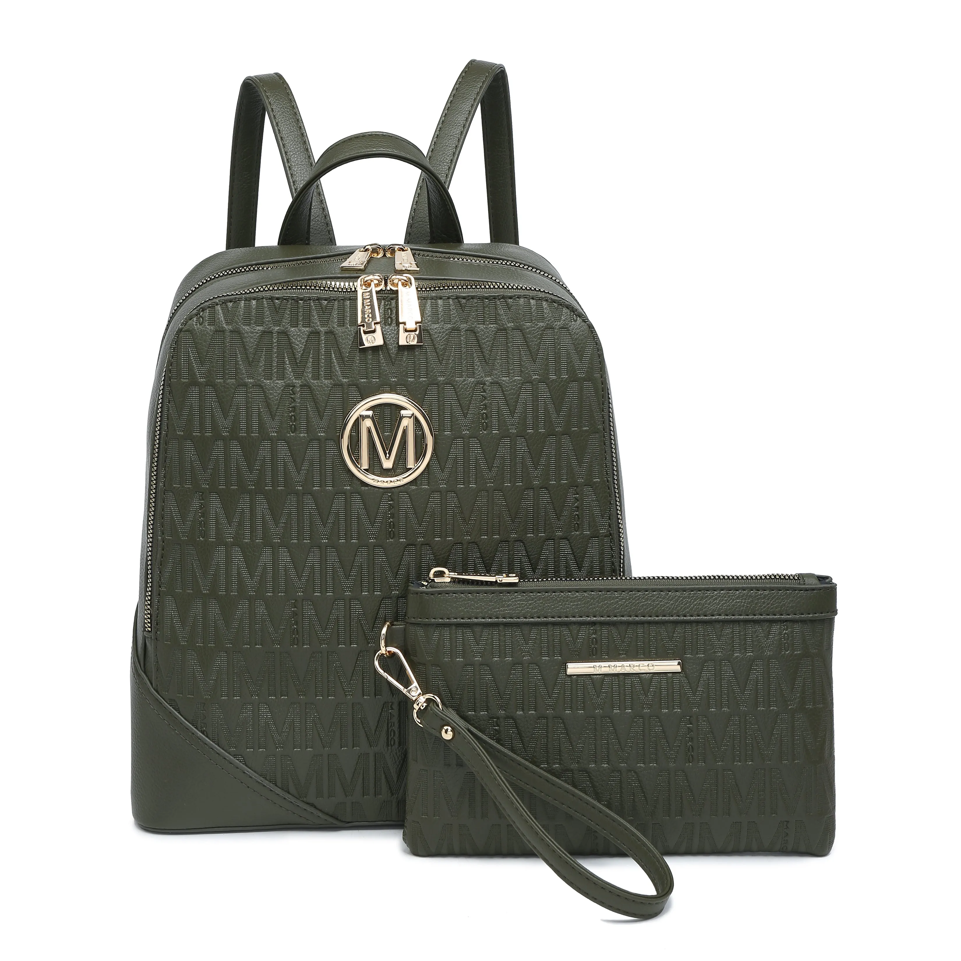 Women Fashion Double Zipper Medium Backpack Purse PU Leather 2Pcs