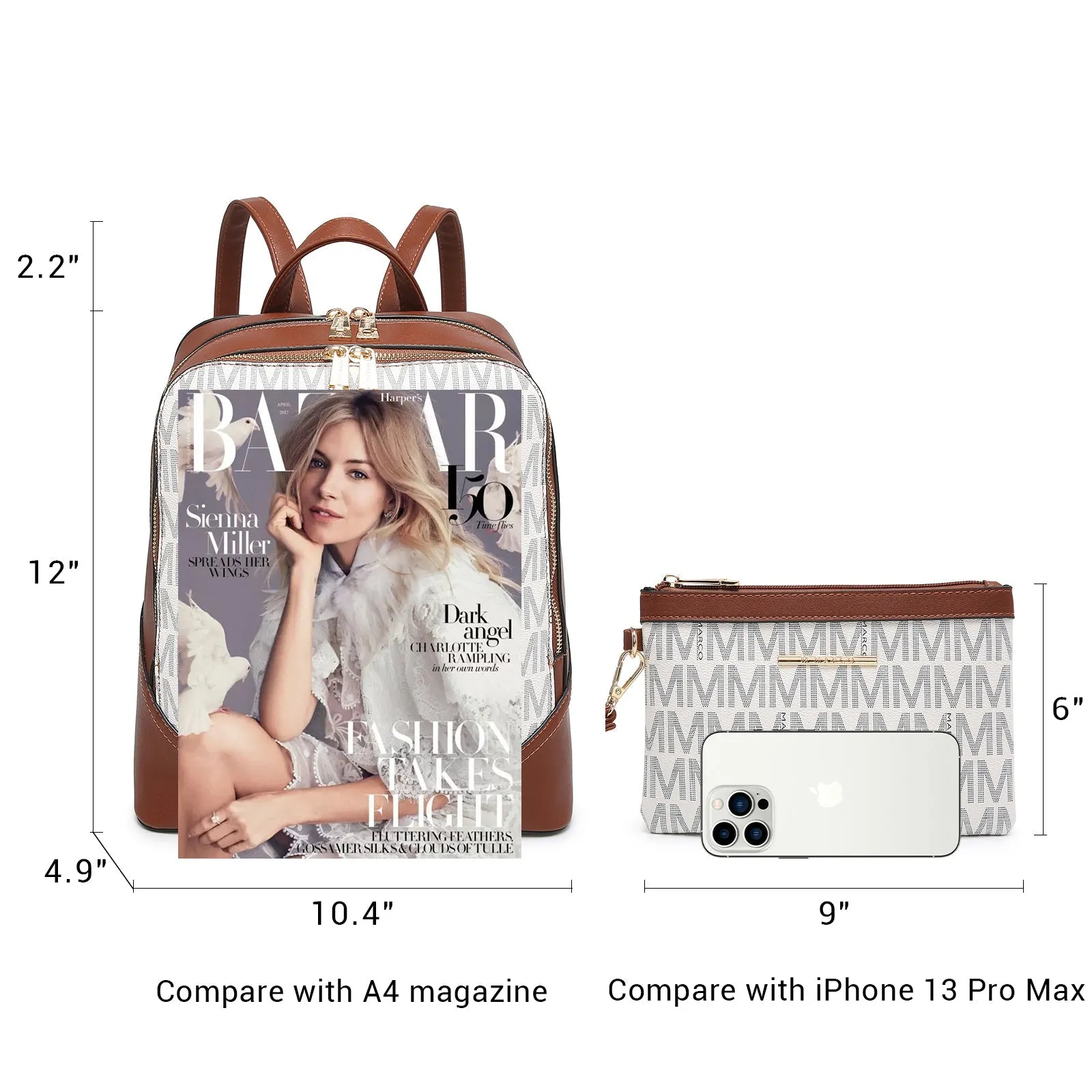 Women Fashion Double Zipper Medium Backpack Purse PU Leather 2Pcs