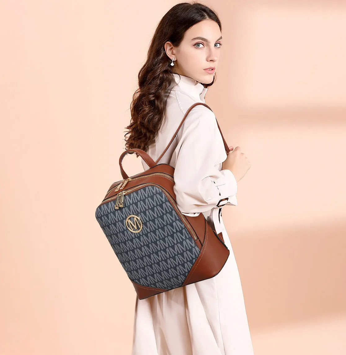 Women Fashion Double Zipper Medium Backpack Purse PU Leather 2Pcs
